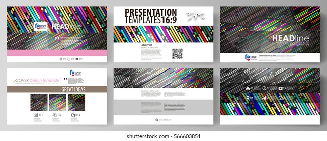 Business templates in HD format for presentation slides. Easy editable vector layouts in flat design. Colorful background made of stripes. Abstract tubes and dots. Glowing multicolored texture.