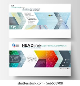 Business templates in HD format for presentation slides. Easy editable layouts in flat style, vector illustration. Colorful design background with abstract shapes and waves, overlap effect.