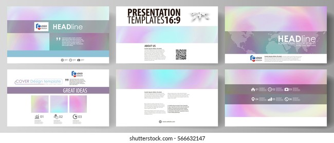 Business templates in HD format for presentation slides. Vector layouts in abstract design. Hologram, background in pastel colors with holographic effect. Blurred colorful pattern, futuristic texture.