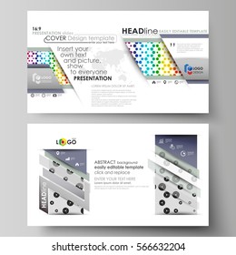 Business templates in HD format for presentation slides. Abstract vector layouts in flat style. Chemistry pattern, hexagonal design molecule structure, DNA research. Geometric colorful background.
