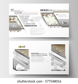 Business templates in HD format for presentation slides. Easy editable layouts in flat design. Abstract gray color background, modern stylish hexagonal vector texture