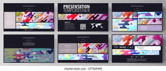 Business templates in HD format for presentation slides. Abstract vector design layouts. Bright color lines and dots, colorful minimalist backdrop, geometric shapes, beautiful minimalistic background