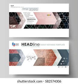 Business templates in HD format for presentation slides. Vector design layouts. Chemistry pattern, molecular texture, polygonal molecule structure, cell. Medicine, science, microbiology concept.