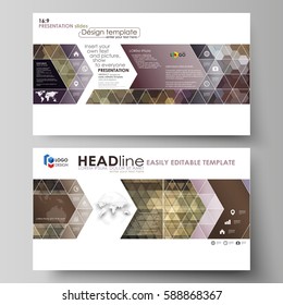 Business templates in HD format for presentation slides. Easy editable vector layouts in flat design. Abstract multicolored backgrounds. Geometrical patterns. Triangular and hexagonal style.