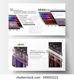 Business templates in HD format for presentation slides. Abstract layouts in vector design. Glitched background made of colorful pixel mosaic. Digital decay, signal error. Glitch backdrop