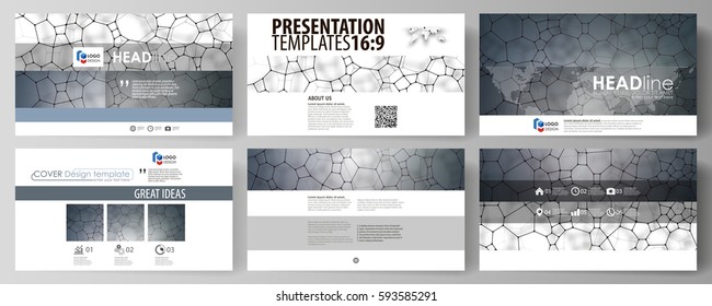 Business templates in HD format for presentation slides. Vector design layouts. Chemistry pattern, molecular texture, polygonal molecule structure, cell. Medicine, science, microbiology concept.