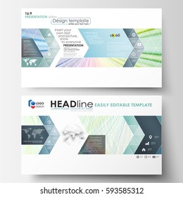 Business templates in HD format for presentation slides. Easy editable layouts in flat style, vector illustration. Colorful background with abstract waves, lines. Bright color curves. Motion design.