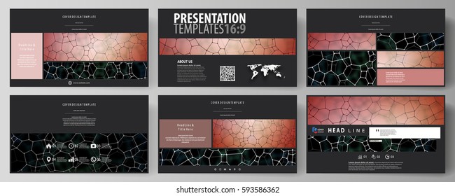 Business templates in HD format for presentation slides. Vector design layouts. Chemistry pattern, molecular texture, polygonal molecule structure, cell. Medicine, science, microbiology concept.