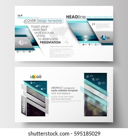 Business templates in HD format for presentation slides. Flat design blue color travel decoration layout, easy editable vector template, colorful blurred natural landscape