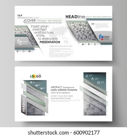 Business templates in HD format for presentation slides. Easy editable abstract vector layouts in flat design. Pattern made from squares, gray background in geometrical style. Simple texture