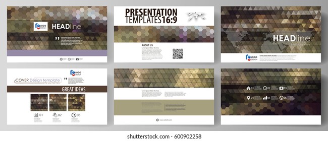 Business templates in HD format for presentation slides. Easy editable vector layouts in flat design. Abstract multicolored backgrounds. Geometrical patterns. Triangular and hexagonal style