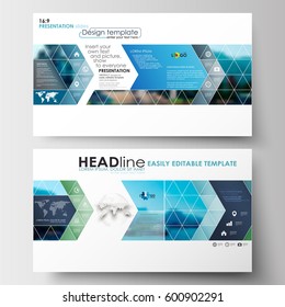 Business templates in HD format for presentation slides. Flat design blue color travel decoration layout, easy editable vector template, colorful blurred natural landscape