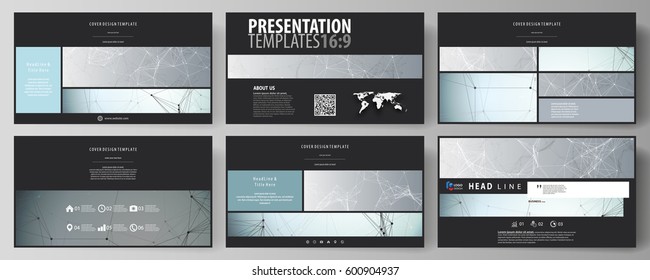 Business templates in HD format for presentation slides. Abstract vector layouts in flat design. Chemistry pattern, connecting lines and dots, molecule structure, scientific medical DNA research.