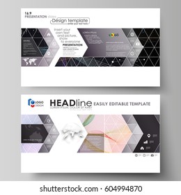 Business templates in HD format for presentation slides. Vector layouts. Colorful abstract infographic background in minimalist design made from lines, symbols, charts, diagrams and other elements.
