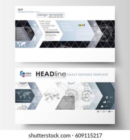 Business templates in HD format for presentation slides. Easy editable layouts. High tech design, connecting system. Science and technology concept. Futuristic abstract vector background