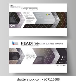 Business templates in HD format for presentation slides. Easy editable vector layouts in flat design. Dark color triangles and colorful circles. Abstract polygonal style modern background
