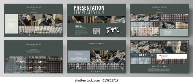 Business templates in HD format for presentation slides. Easy editable abstract vector layouts in flat design. Colorful background made of dotted texture for travel business, urban cityscape.