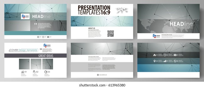 Business templates in HD format for presentation slides. Vector layouts in flat design. Geometric background, connected line and dots. Molecular structure. Scientific, medical, technology concept.