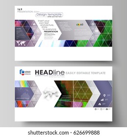 Business templates in HD format for presentation slides. Abstract vector layouts in flat design. Glitched background made of colorful pixel mosaic. Digital decay, signal error, television fail.