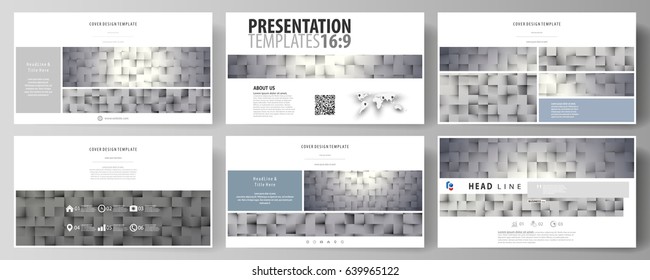 Business templates in HD format for presentation slides. Easy editable abstract vector layouts in flat design. Pattern made from squares, gray background in geometrical style. Simple texture.
