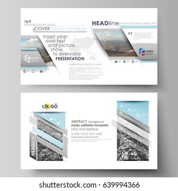 Business templates in HD format for presentation slides. Easy editable vector layouts in flat design. Abstract landscape of nature. Dark color pattern in vintage style, mosaic texture.