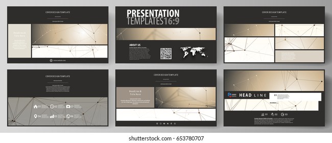 Business templates in HD format for presentation slides. Abstract vector layouts in flat design. Technology, science, medical concept. Golden dots and lines, cybernetic digital style. Lines plexus