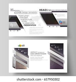 Business templates in HD format for presentation slides. Easy editable vector layouts in flat design. Dark color triangles and colorful circles. Abstract polygonal style modern background.