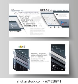 Business templates in HD format for presentation slides. Vector layouts. Abstract infographic background in minimalist design made from lines, symbols, charts, diagrams and other elements.