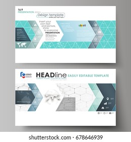 Business templates in HD format for presentation slides. Abstract vector layouts in flat design. Chemistry pattern, hexagonal molecule structure on blue. Medicine, science and technology concept.