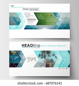 Business templates in HD format for presentation slides. Flat design blue color travel decoration layout, easy editable vector template, colorful blurred natural landscape.