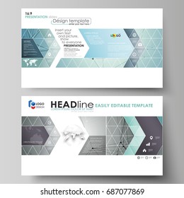 Business templates in HD format for presentation slides. Vector layouts in flat design. Geometric background, connected line and dots. Molecular structure. Scientific, medical, technology concept
