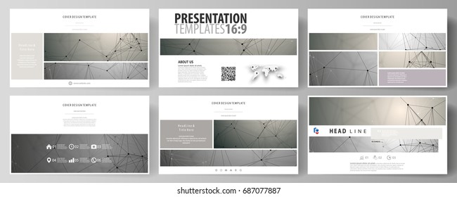 Business templates in HD format for presentation slides. Easy editable abstract vector layouts in flat design. Chemistry pattern, molecule structure on gray background. Science and technology concept