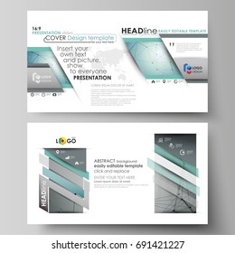 Business templates in HD format for presentation slides. Vector layouts in flat design. Geometric background, connected line and dots. Molecular structure. Scientific, medical, technology concept.