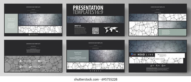 Business templates in HD format for presentation slides. Vector design layouts. Chemistry pattern, molecular texture, polygonal molecule structure, cell. Medicine, science, microbiology concept.