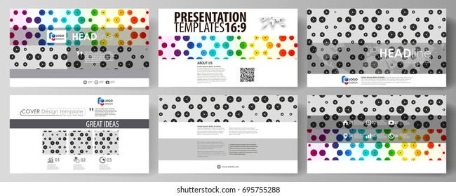Business templates in HD format for presentation slides. Abstract vector layouts in flat style. Chemistry pattern, hexagonal design molecule structure, DNA research. Geometric colorful background.