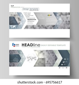 Business templates in HD format for presentation slides. Easy editable abstract vector layouts in flat design. Pattern made from squares, gray background in geometrical style. Simple texture.