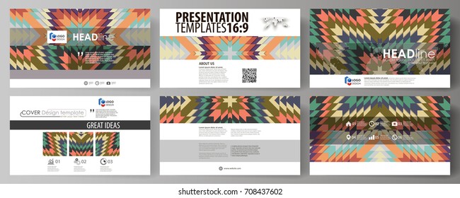 Business templates in HD format for presentation slides. Abstract vector layouts in flat design. Tribal pattern, geometrical ornament in ethno syle, ethnic hipster backdrop, vintage fashion background
