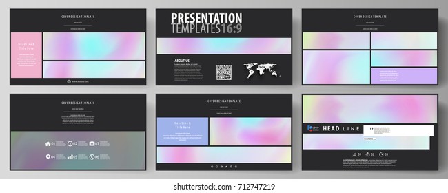 Business templates in HD format for presentation slides. Vector layouts in abstract design. Hologram, background in pastel colors with holographic effect. Blurred colorful pattern, futuristic texture.