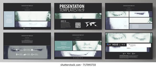 Business templates in HD format for presentation slides. Abstract design vector layouts. Halftone dotted background, retro style grungy pattern, vintage texture. Halftone effect, black dots on white