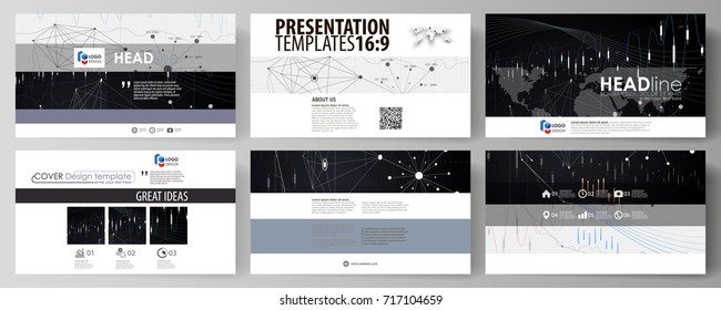 Business templates in HD format for presentation slides. Vector layouts. Abstract infographic background in minimalist design made from lines, symbols, charts, diagrams and other elements