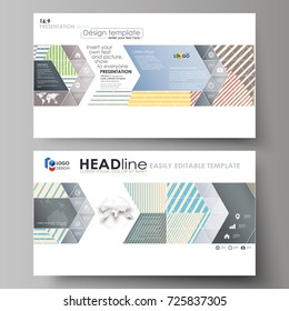Business templates in HD format for presentation slides. Easy editable abstract vector layouts in flat style. Minimalistic design with lines, geometric shapes forming beautiful background.