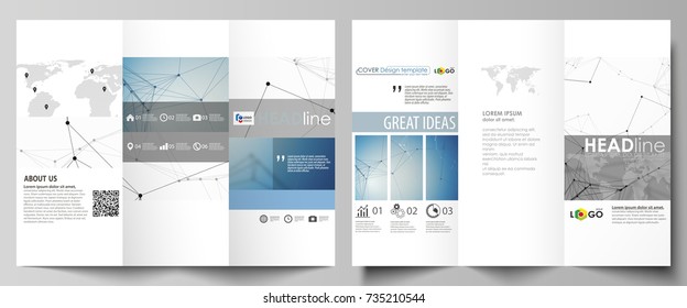 Business templates in HD format for presentation slides. Abstract vector layouts in flat design. Geometric blue color background, molecule structure, science concept. Connected lines and dots.