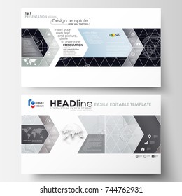 Business templates in HD format for presentation slides. Easy editable layouts. High tech design, connecting system. Science and technology concept. Futuristic abstract vector background