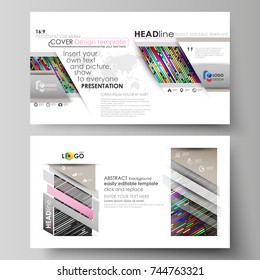 Business templates in HD format for presentation slides. Easy editable vector layouts in flat design. Colorful background made of stripes. Abstract tubes and dots. Glowing multicolored texture.