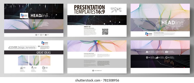 Business templates in HD format for presentation slides. Vector layouts. Colorful abstract infographic background in minimalist design made from lines, symbols, charts, diagrams and other elements.