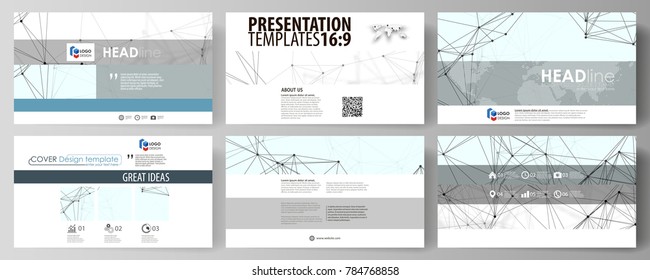 Business templates in HD format for presentation slides. Abstract vector layouts in flat design. Chemistry pattern, connecting lines and dots, molecule structure on white, geometric graphic background