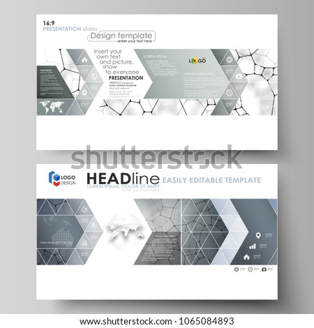 Business templates in HD format for presentation slides. Vector design layouts. Chemistry pattern, molecular texture, polygonal molecule structure, cell. Medicine, science, microbiology concept.