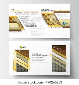 Business templates in HD size for presentation slides. Easy editable layouts in flat design. Islamic gold pattern, overlapping geometric shapes forming abstract ornament. Vector golden texture.