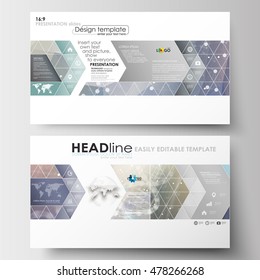 Business templates in HD size for presentation slides. Easy editable abstract layouts in flat design. DNA molecule structure on blue background. Scientific research, medical technology.