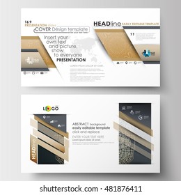 Business templates in HD size for presentation slides. Easy editable abstract layouts in flat design. Golden technology background, connection structure with connecting dots and lines, science vector